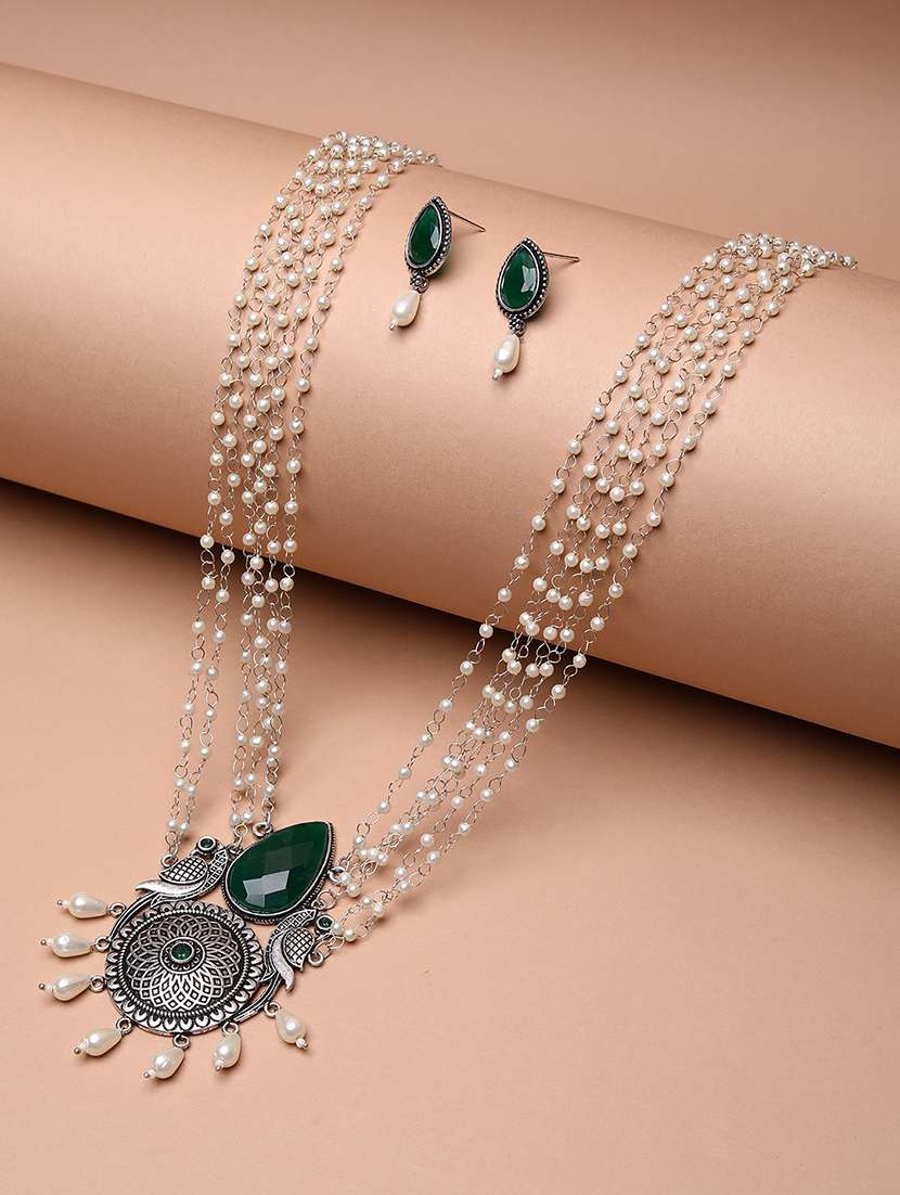 green stone studded silver layered chain necklace with earrings