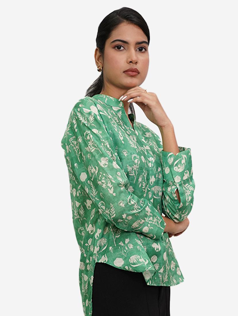 women printed long sleeves high low shirt - 21667980 - Standard Image - 1