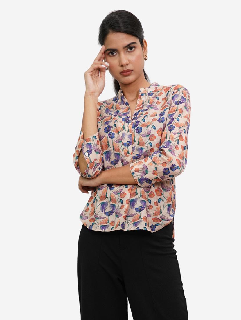 women beige floral long sleeve shirt - 21667981 - Standard Image - 1