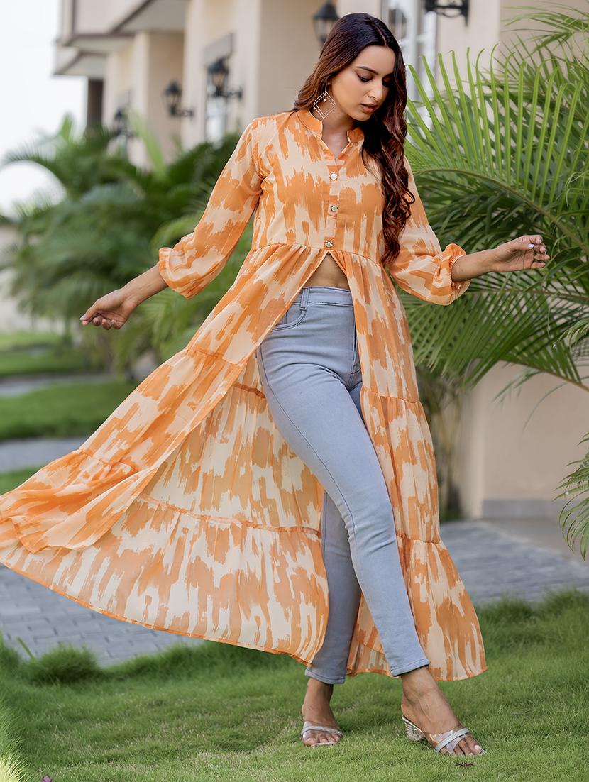 women orange printed mandarin front slit kurta - 21668003 -  Standard Image - 1