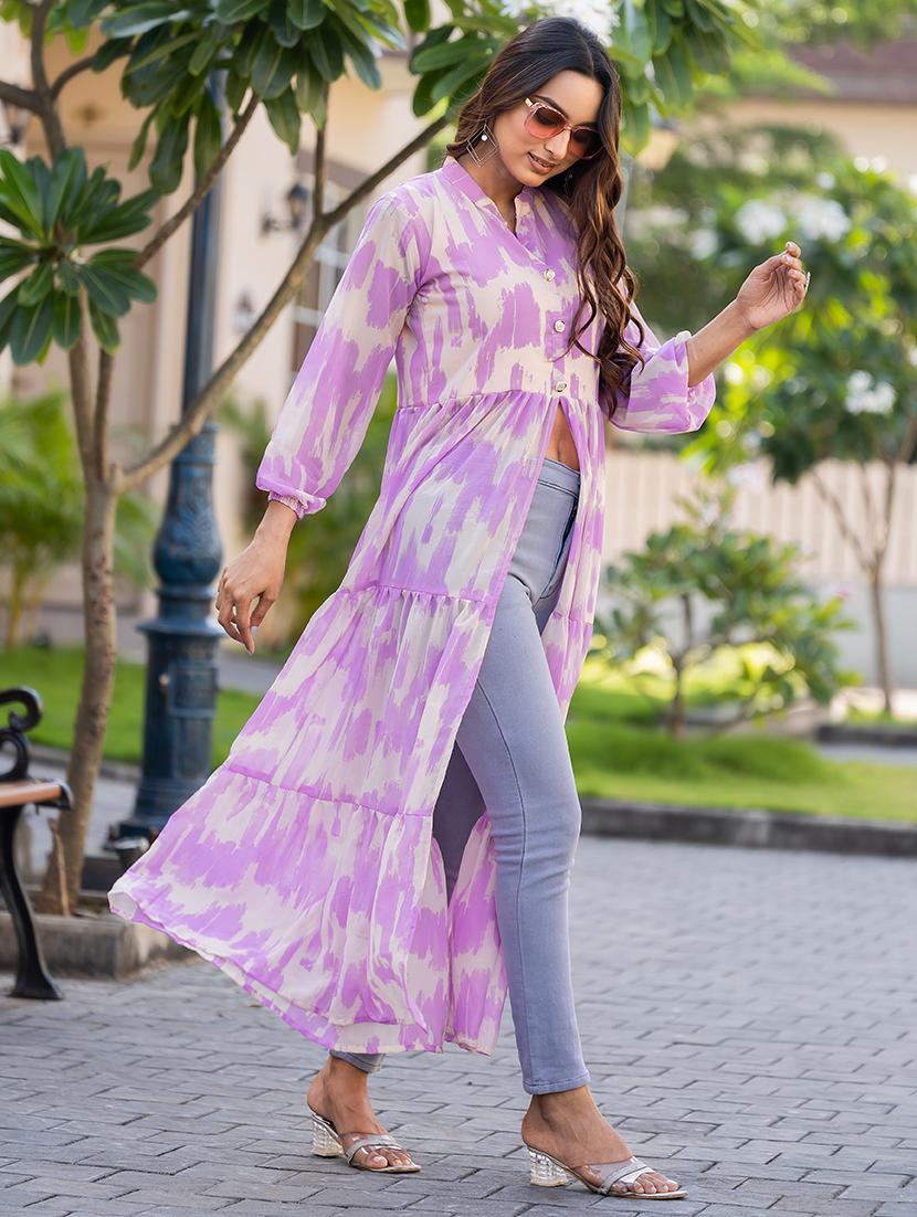 women lavender printed mandarin neck front slit kurta - 21668004 - Standard Image - 1