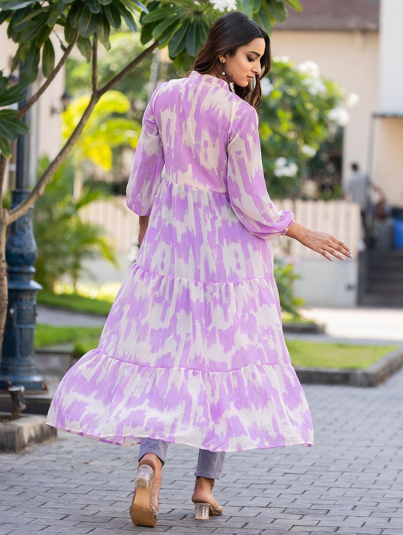 women lavender printed mandarin neck front slit kurta - 21668004 - Standard Image - 4