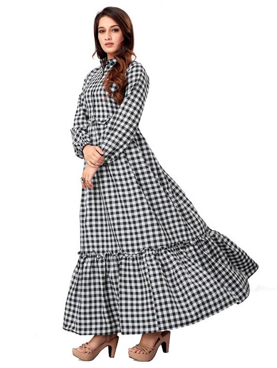women black checks shirt collar neck tiered dress - 21668009 - Standard Image - 1