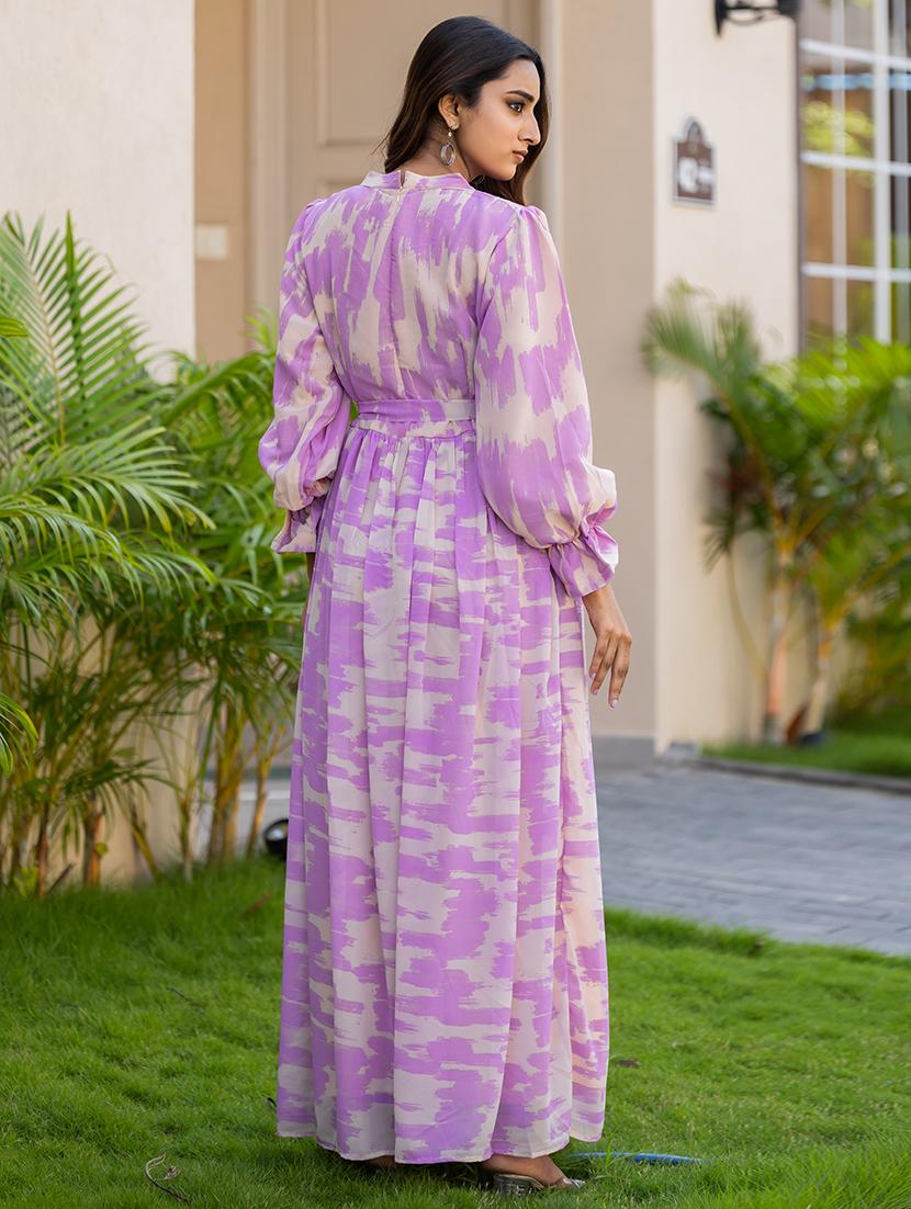 women lavender printed round neck fit & flare dress - 21668015 - Standard Image - 1