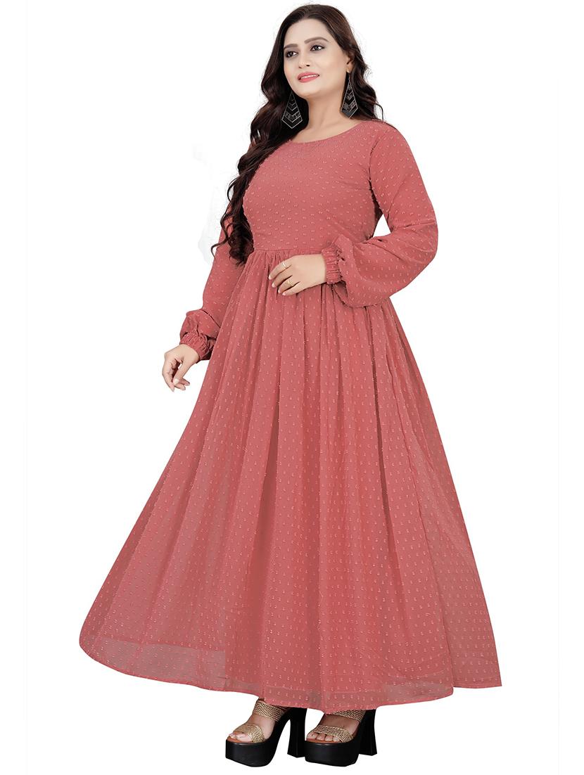 women peach self design round neck fit & flare dress - 21668017 - Standard Image - 1