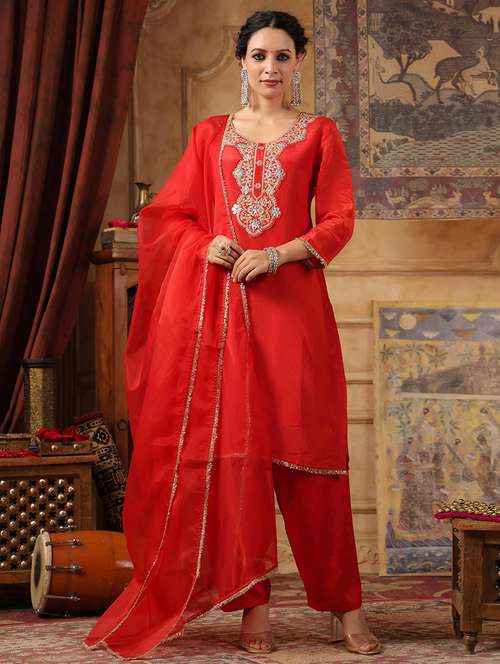 women zari work kurta pant set with dupatta - 21668124 -  Standard Image - 0