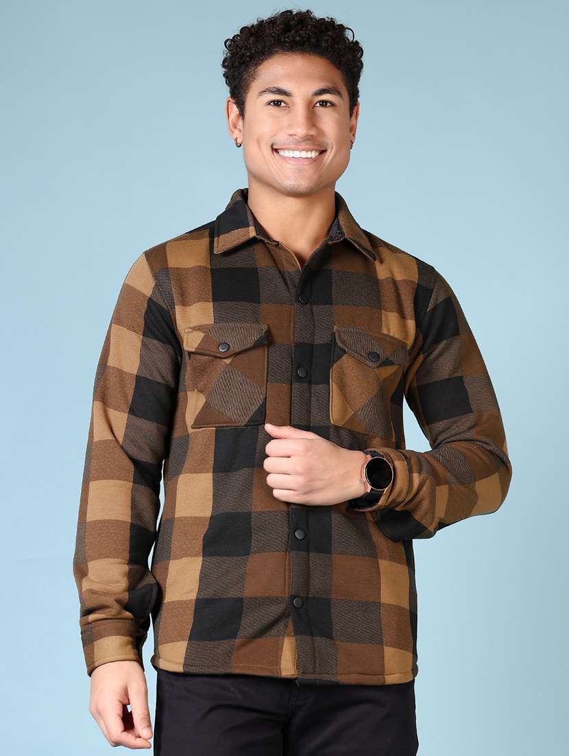 men long sleeves checkered shacket
