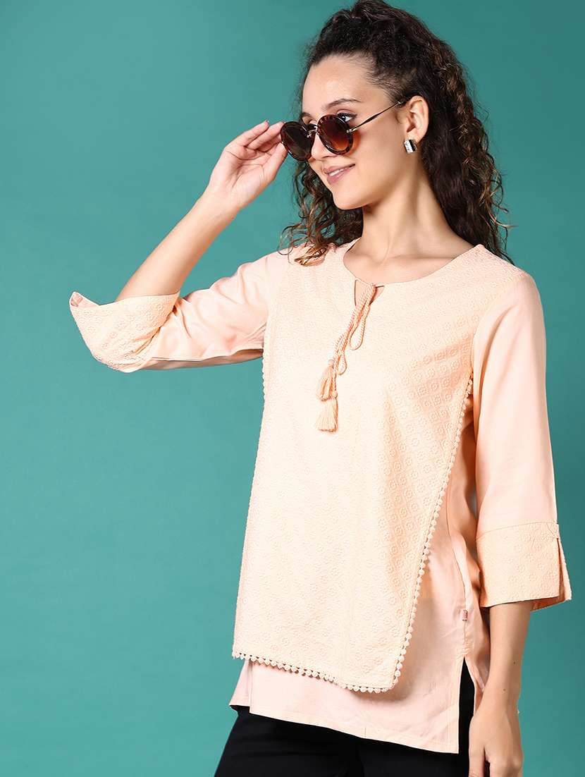 women embroidered tie-up neck layered top - 21668393 -  Standard Image - 1