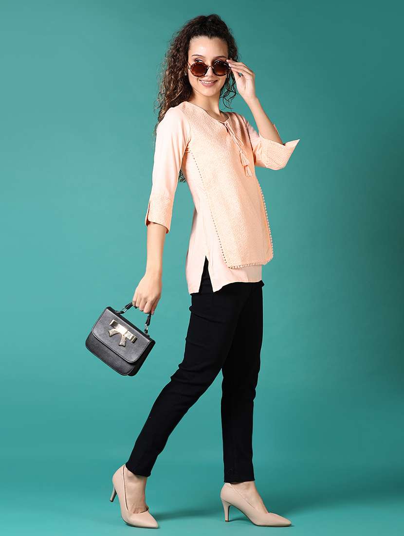 women embroidered tie-up neck layered top - 21668393 -  Standard Image - 4