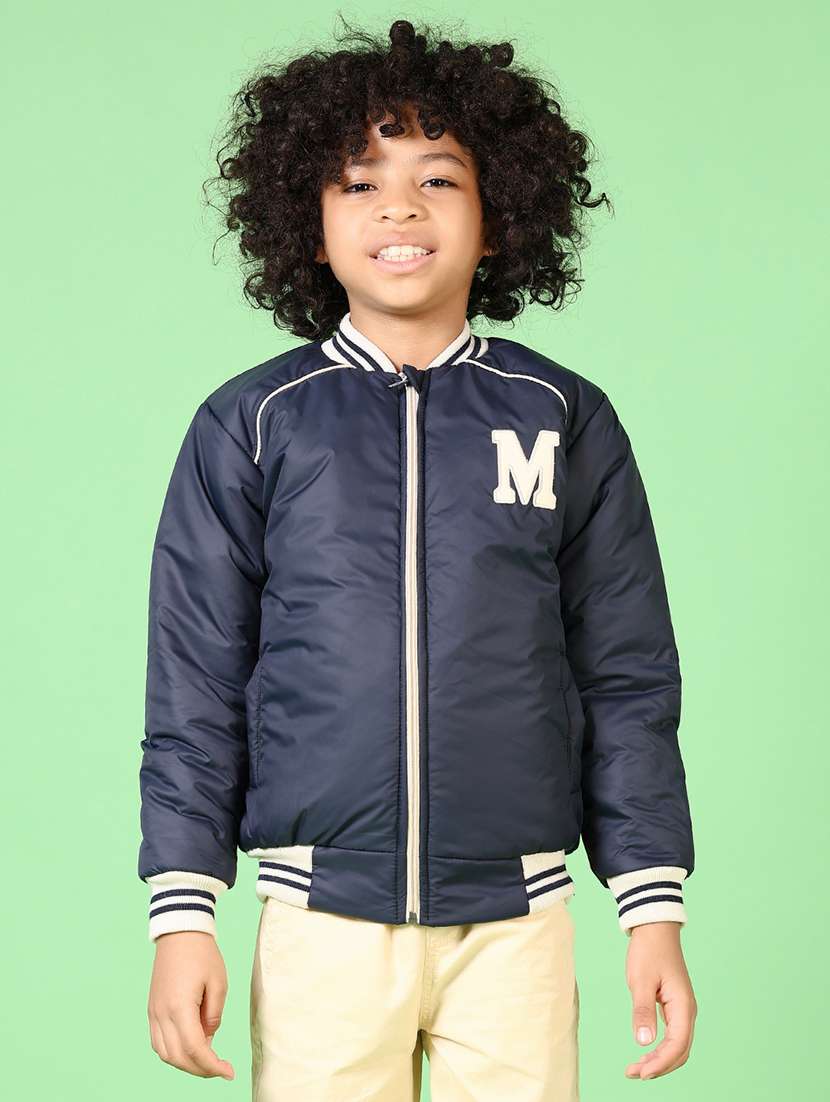 boys navy blue solid long sleeve bomber jacket