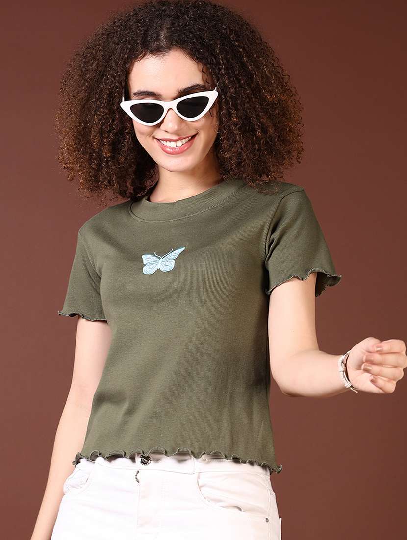 women olive solid with work round neck t-shirt - 21668424 - Standard Image - 1