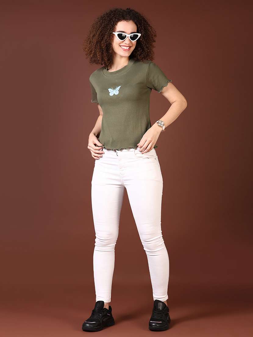 women olive solid with work round neck t-shirt - 21668424 - Standard Image - 4