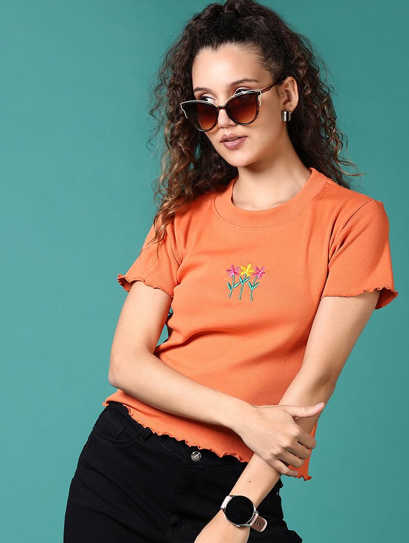 women solid with work round neck t-shirt - 21668425 - Standard Image - 1