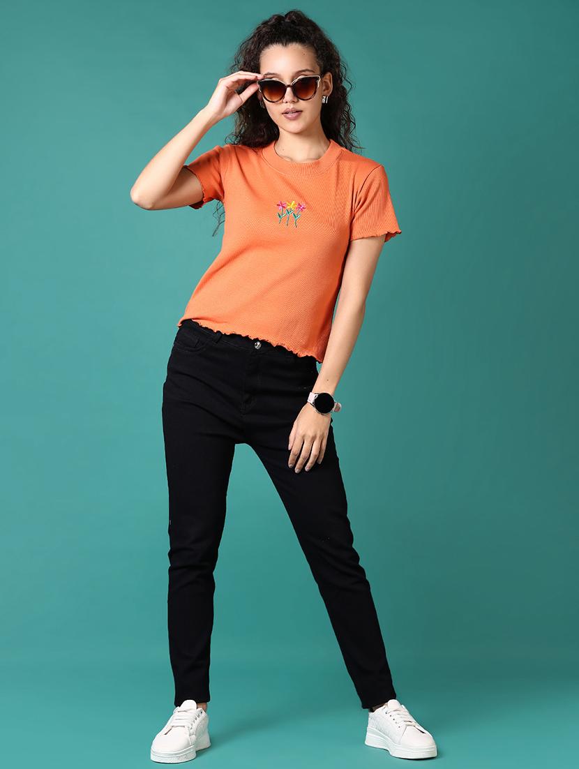 women solid with work round neck t-shirt - 21668425 - Standard Image - 4