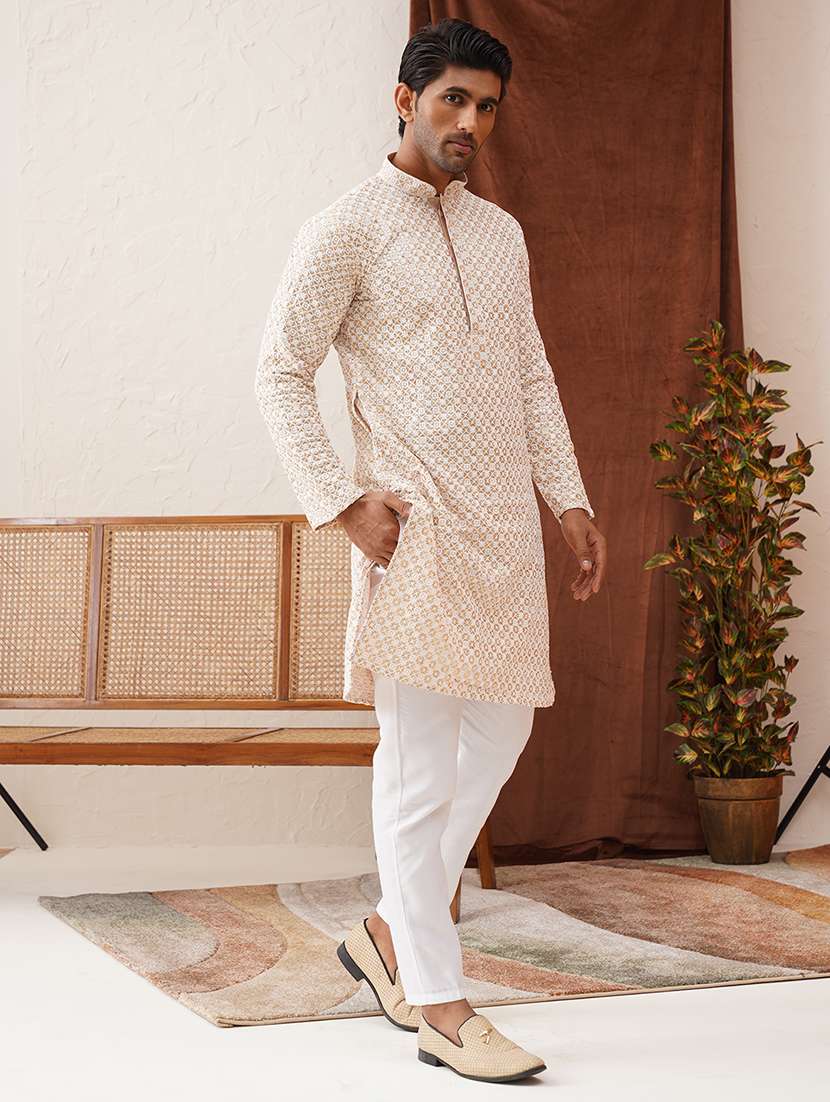 men solid with work mandarin neck kurta pyjama ethnic wear set - 21668492 -  Standard Image - 1