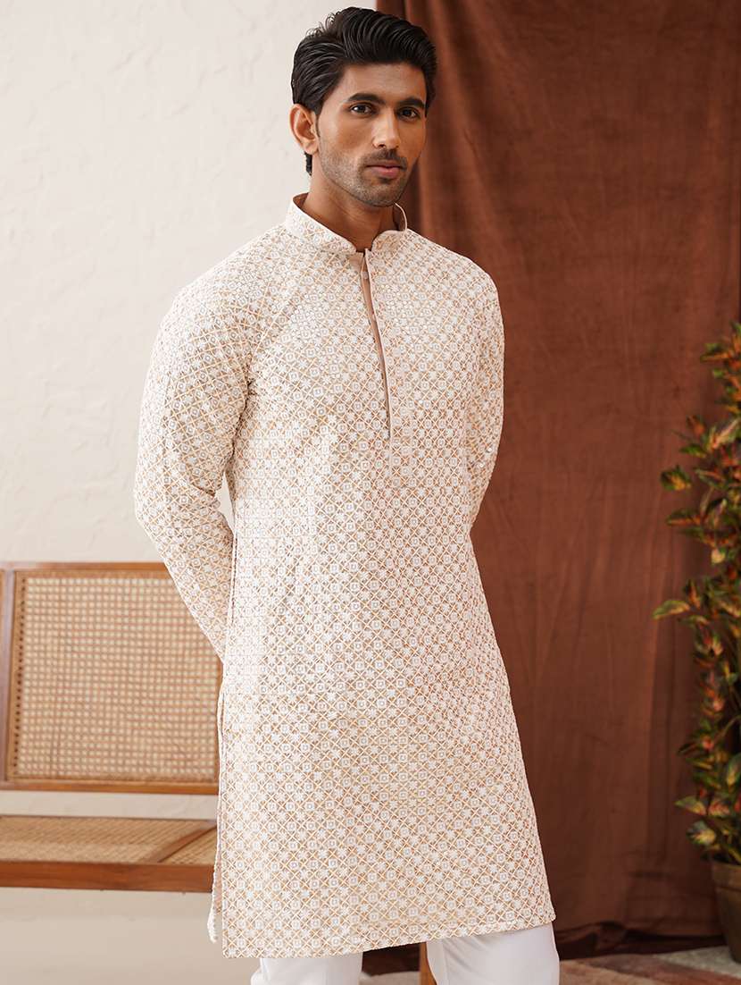 men solid with work mandarin neck kurta pyjama ethnic wear set - 21668492 -  Standard Image - 4