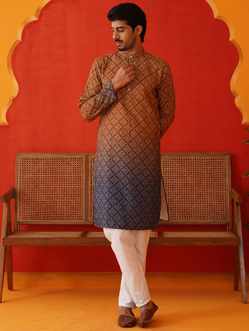 men printed mandarin neck kurta pyjama ethnic wear set