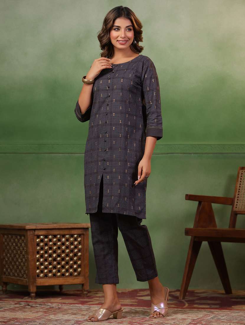 women grey printed round neck kurta pant set - 21668559 -  Standard Image - 1