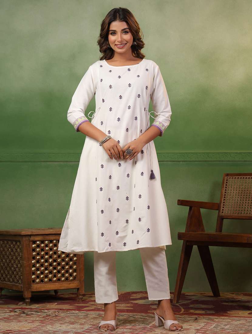women white embroidered kurta pant set