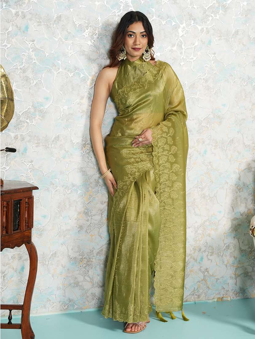 women olive embroidered saree with blouse - 21668646 - Standard Image - 1