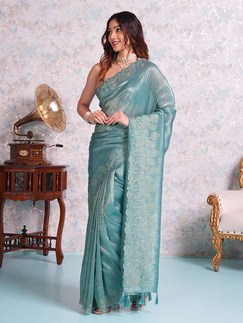 women turquoise embroidered saree with blouse - 21668647 - Standard Image - 1