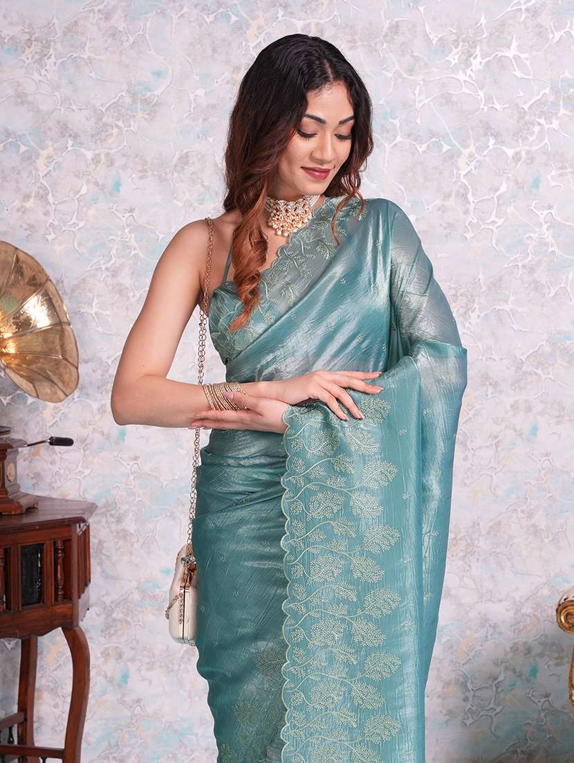 women turquoise embroidered saree with blouse - 21668647 - Standard Image - 4