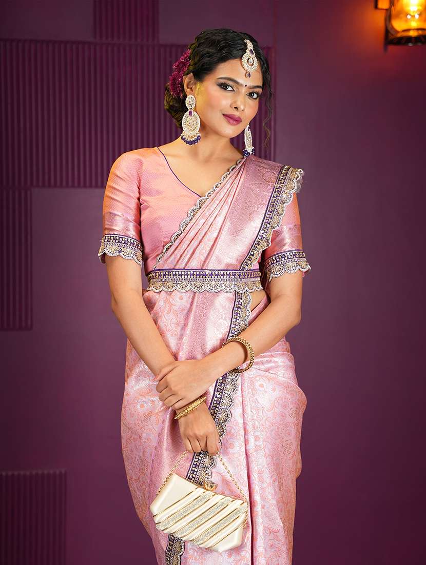 women pink self design banarasi saree with blouse - 21668674 - Standard Image - 4