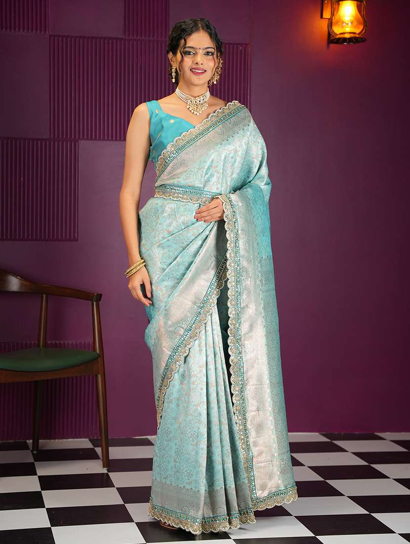 women light blue self design banarasi saree with blouse - 21668676 -  Standard Image - 1