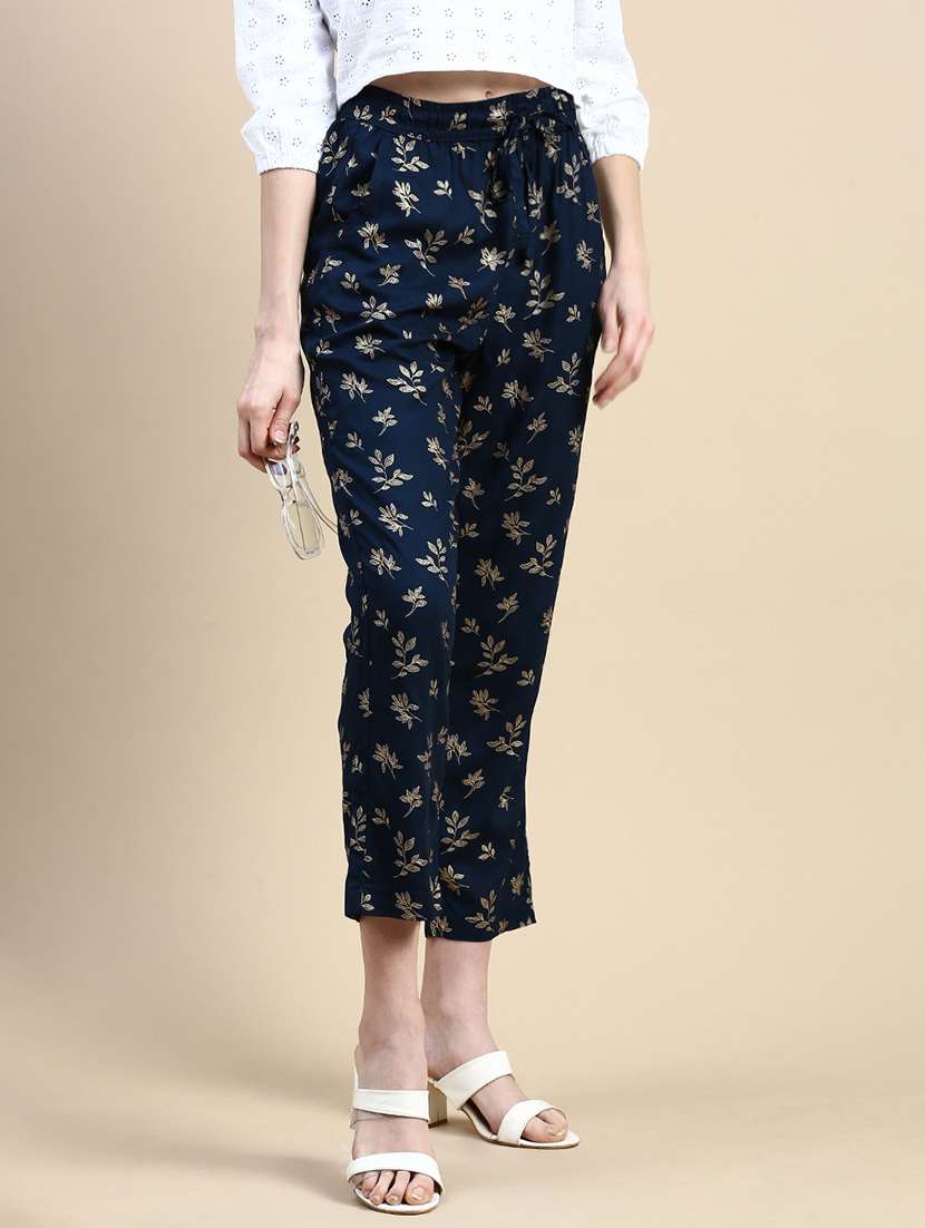 women navy blue printed mid rise straight trouser