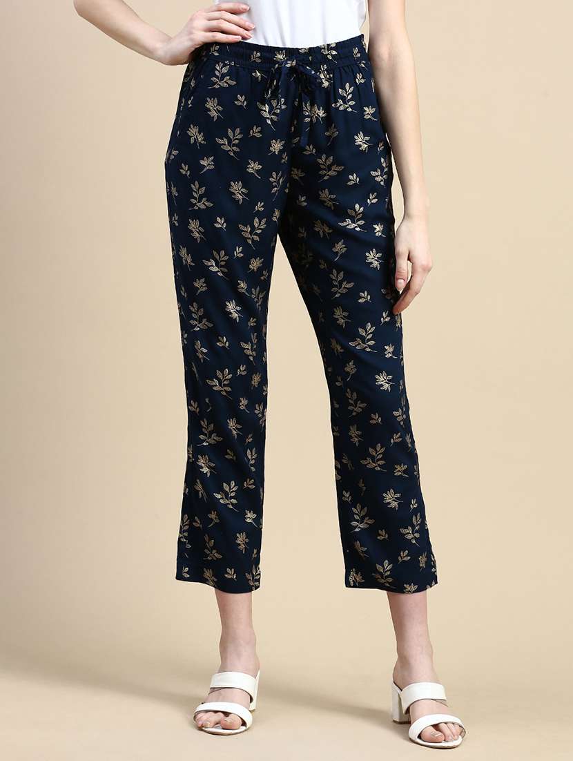 women navy blue printed mid rise straight trouser - 21669010 -  Standard Image - 1