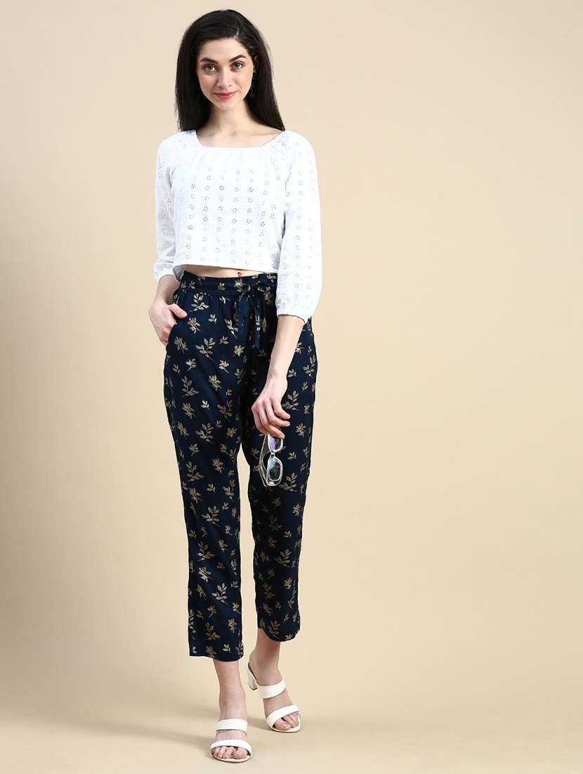 women navy blue printed mid rise straight trouser - 21669010 -  Standard Image - 4