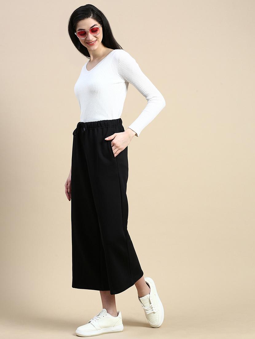women black solid high rise wide leg trouser - 21669018 - Standard Image - 4