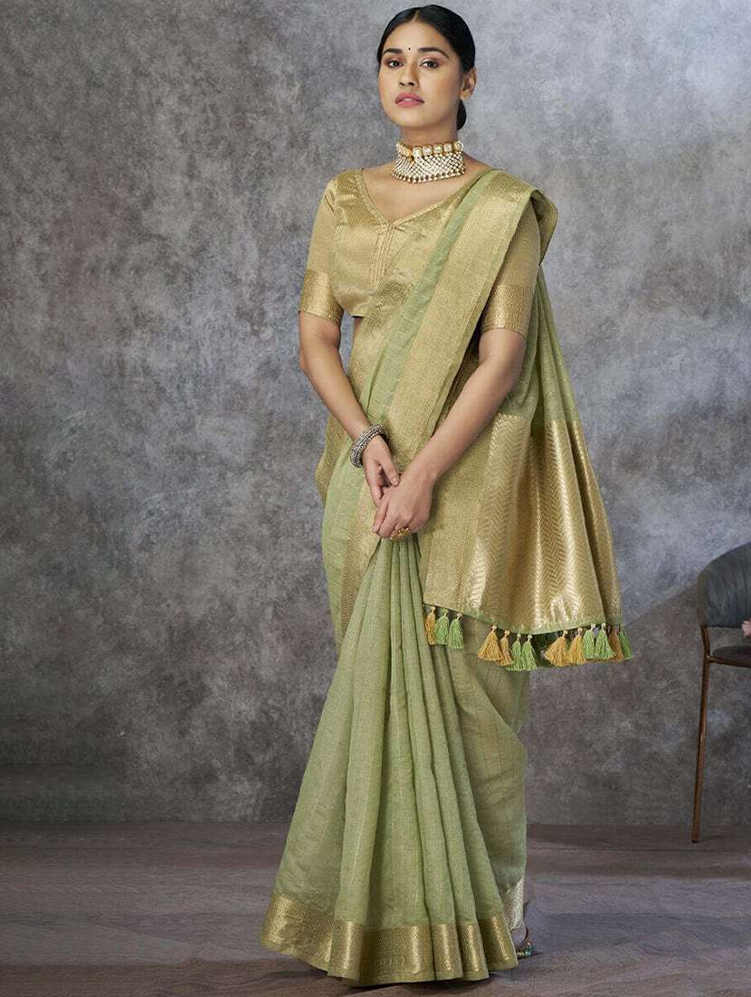 green cotton chanderi saree with blouse - 21669031 - Zoom Image - 0