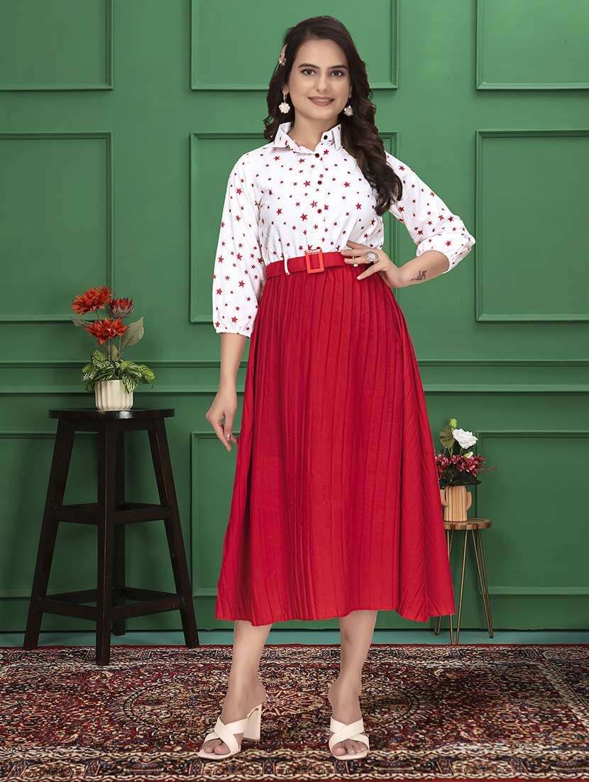 women printed collared belted dress