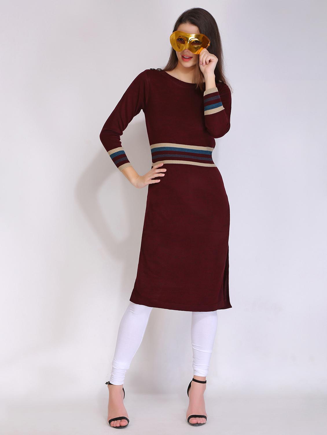 women striped long sleeves woolen kurta - 21669591 - Standard Image - 1