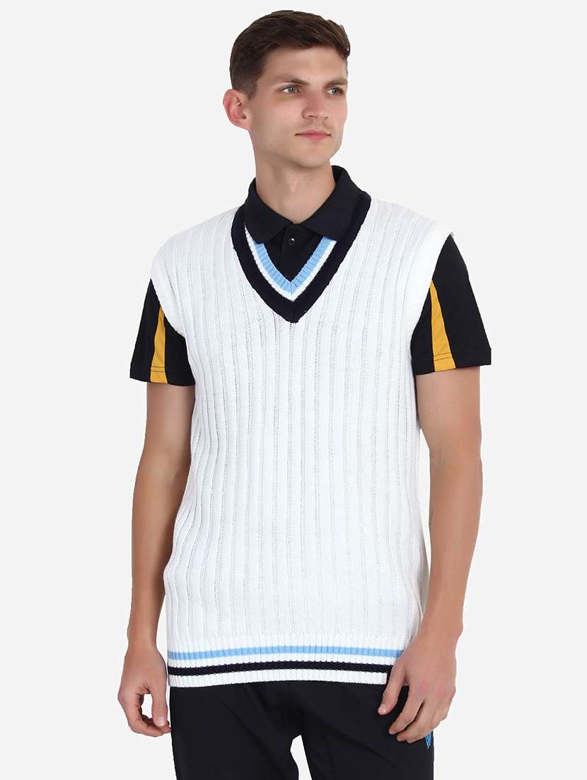 men v-neck self design pullover