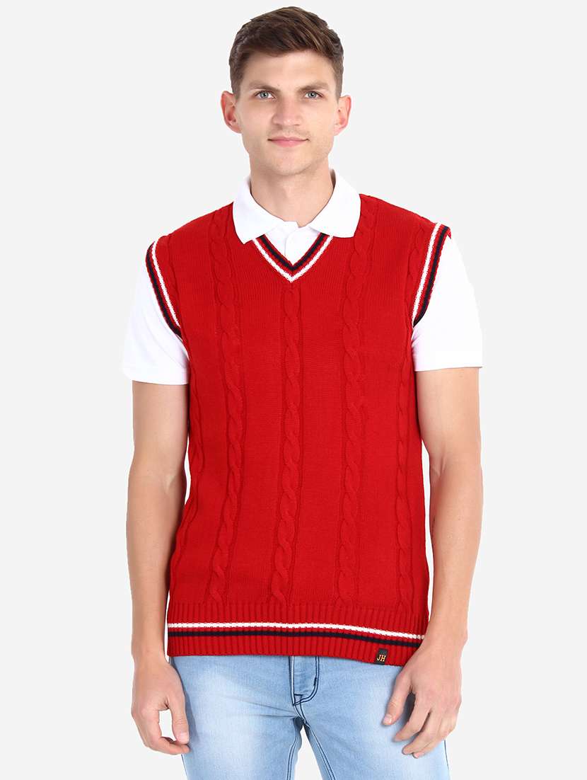 men v-neck self design pullover