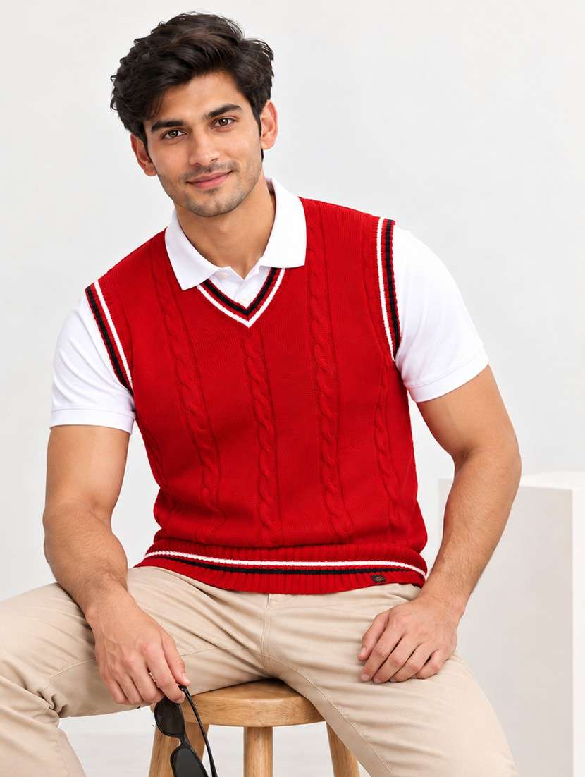 men v-neck self design pullover