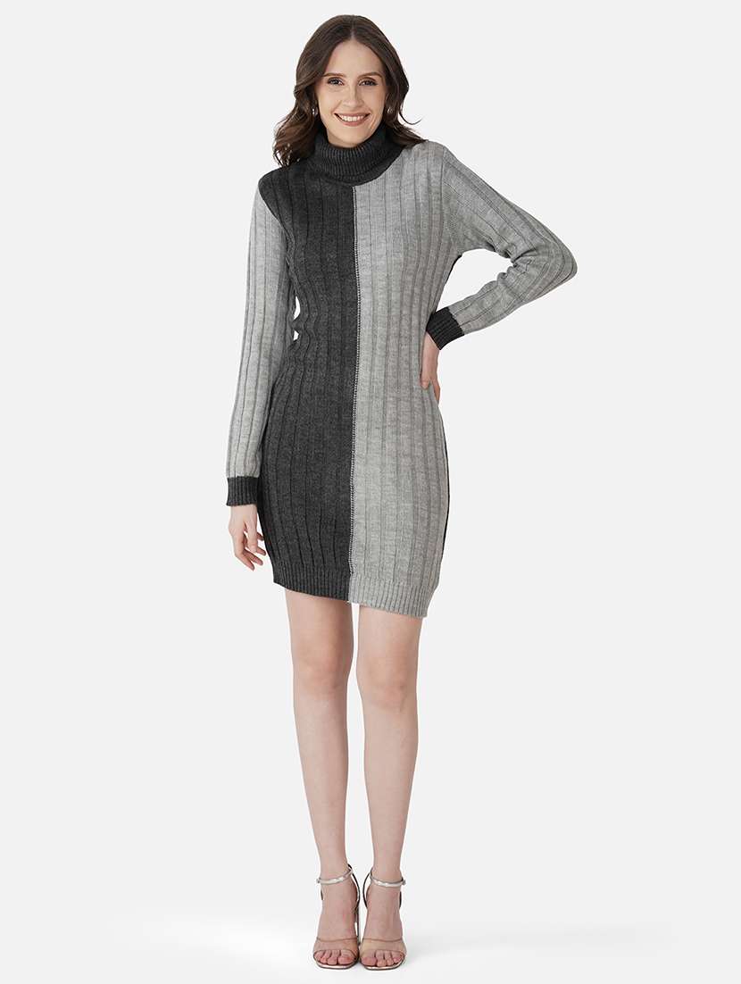 women color block acrylic long sleeve dress