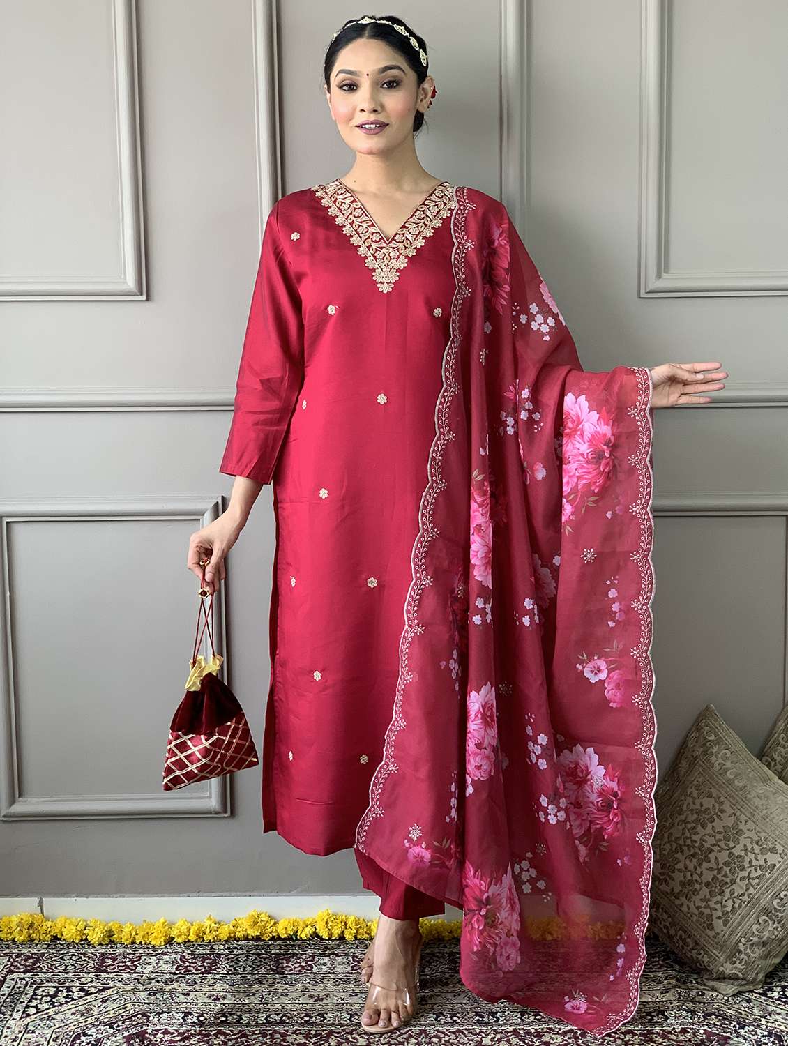 women embroidered kurta pant set with duaptta