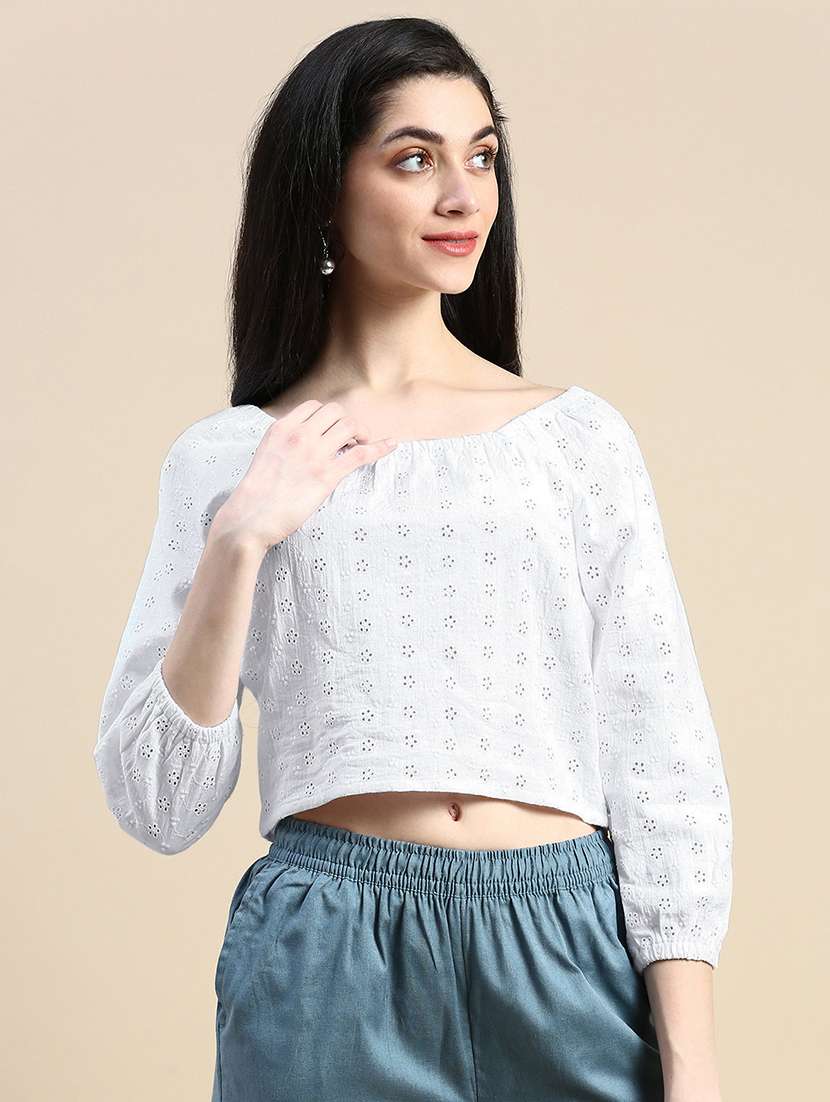 women schiffli detailed puff sleeves crop top