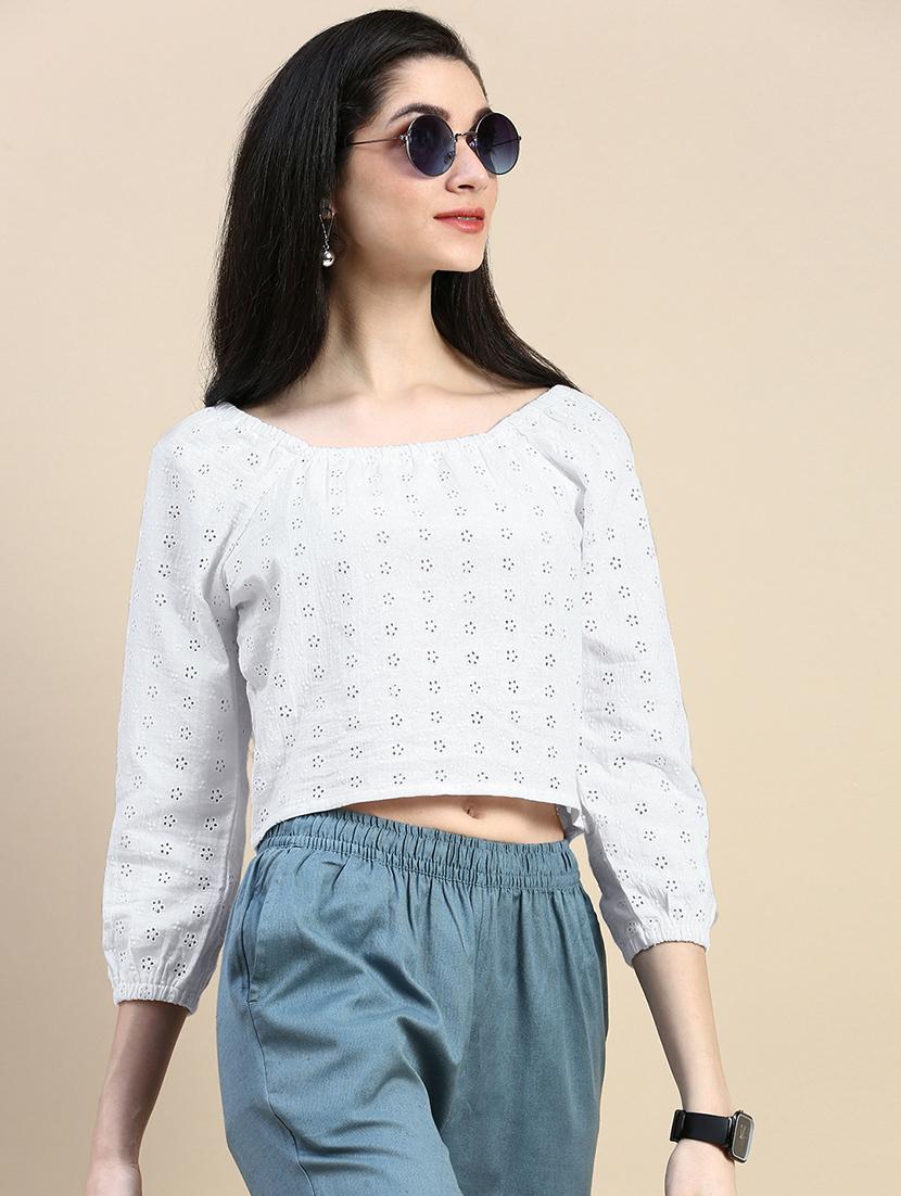 women schiffli detailed puff sleeves crop top - 21669852 -  Standard Image - 1