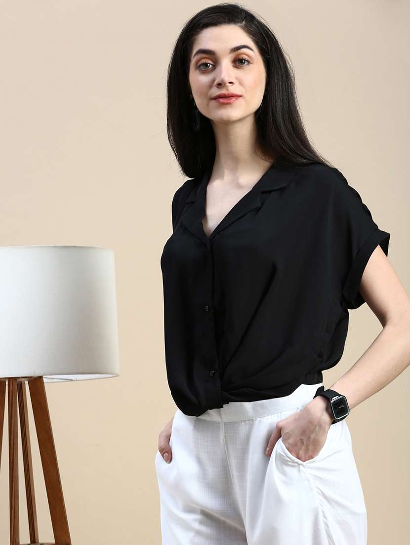 women solid collared relaxed fit crop shirt - 21669854 - Standard Image - 1