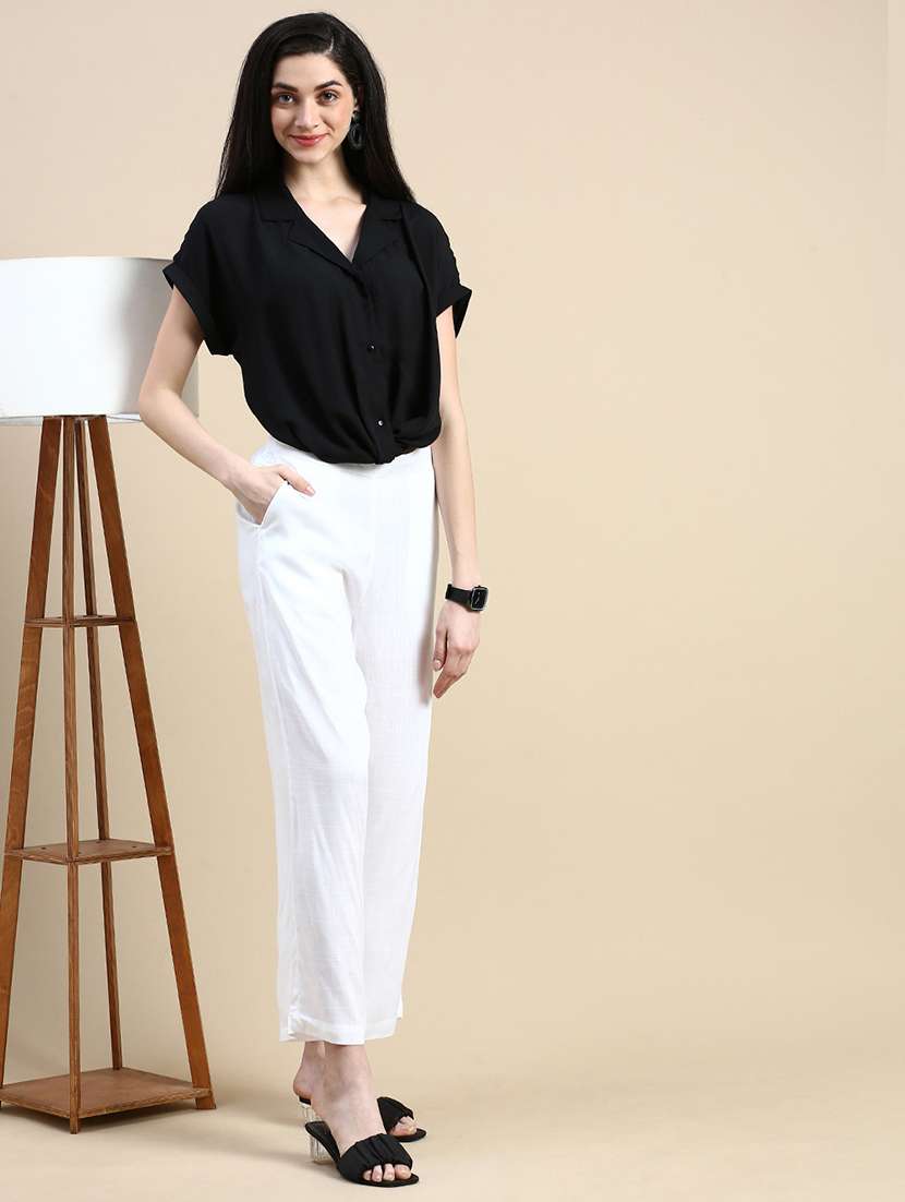 women solid collared relaxed fit crop shirt - 21669854 - Standard Image - 4