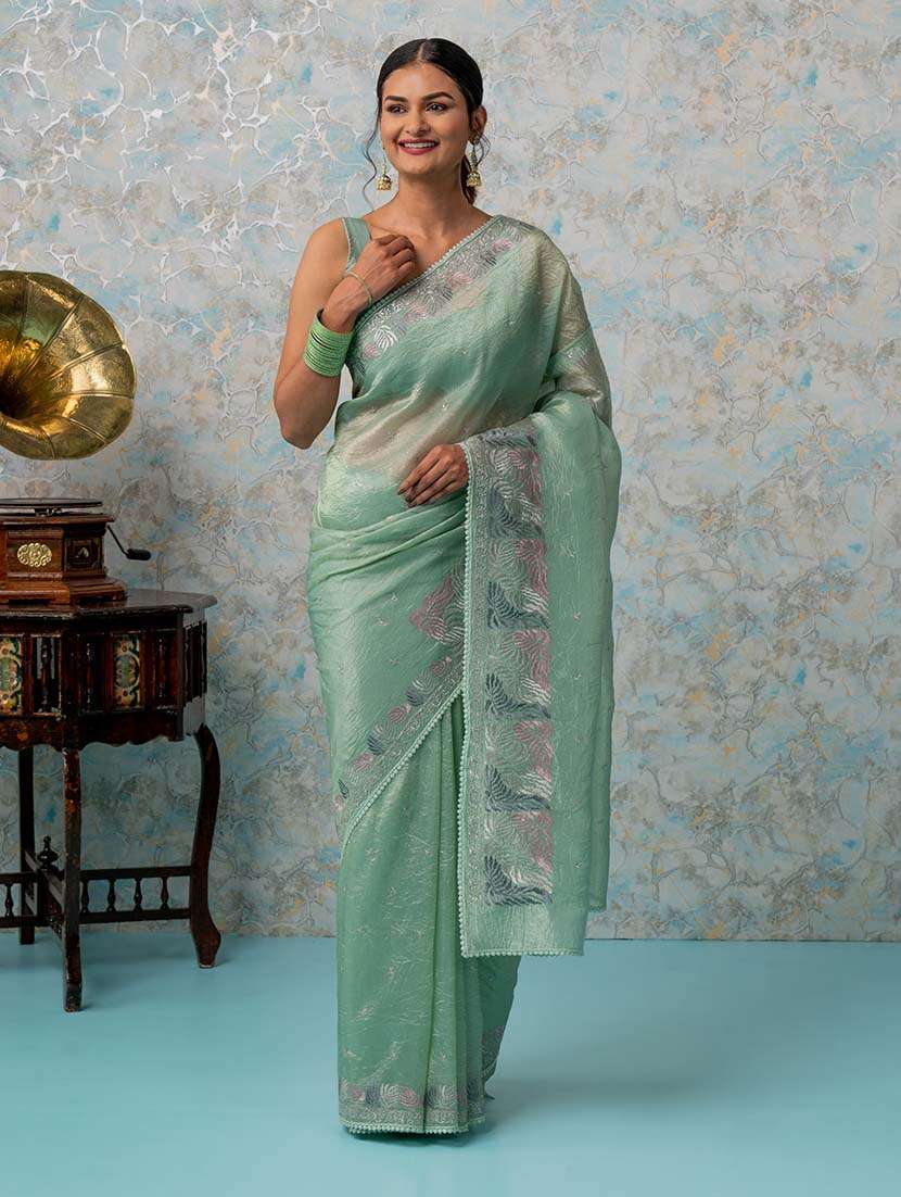 women green embroidered saree with blouse - 21670018 -  Standard Image - 1