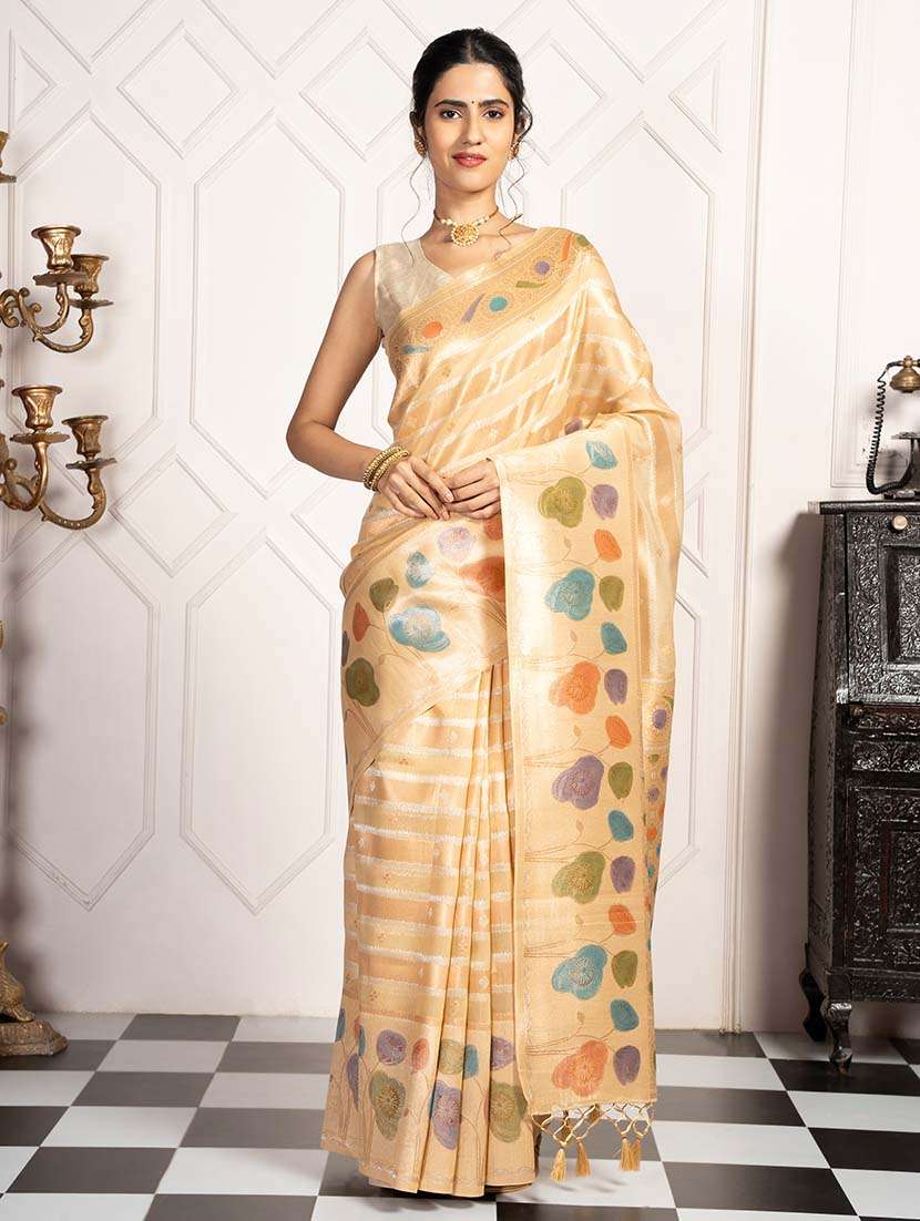 women stripes zari bordered saree with blouse - 21670045 -  Zoom Image - 0