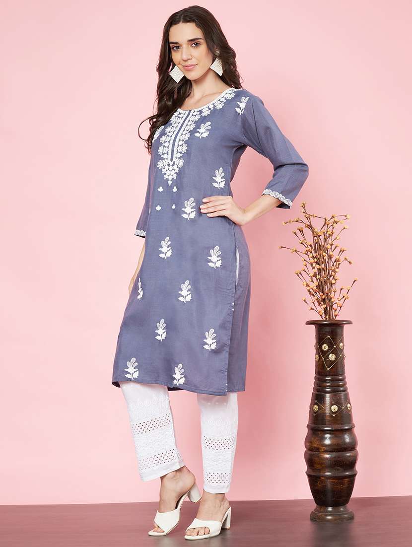 women chikankari three quarter sleeve straight kurta - 21670121 -  Standard Image - 1