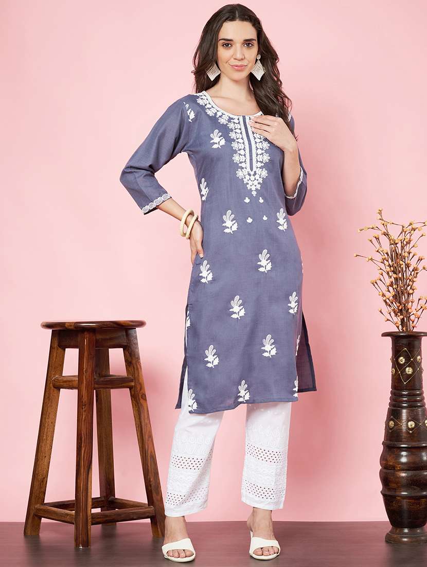 women chikankari three quarter sleeve straight kurta - 21670121 -  Standard Image - 4