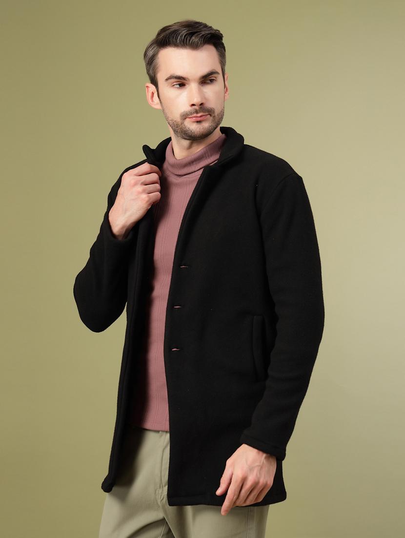 men black solid long sleeve coat - 21670160 - Standard Image - 1