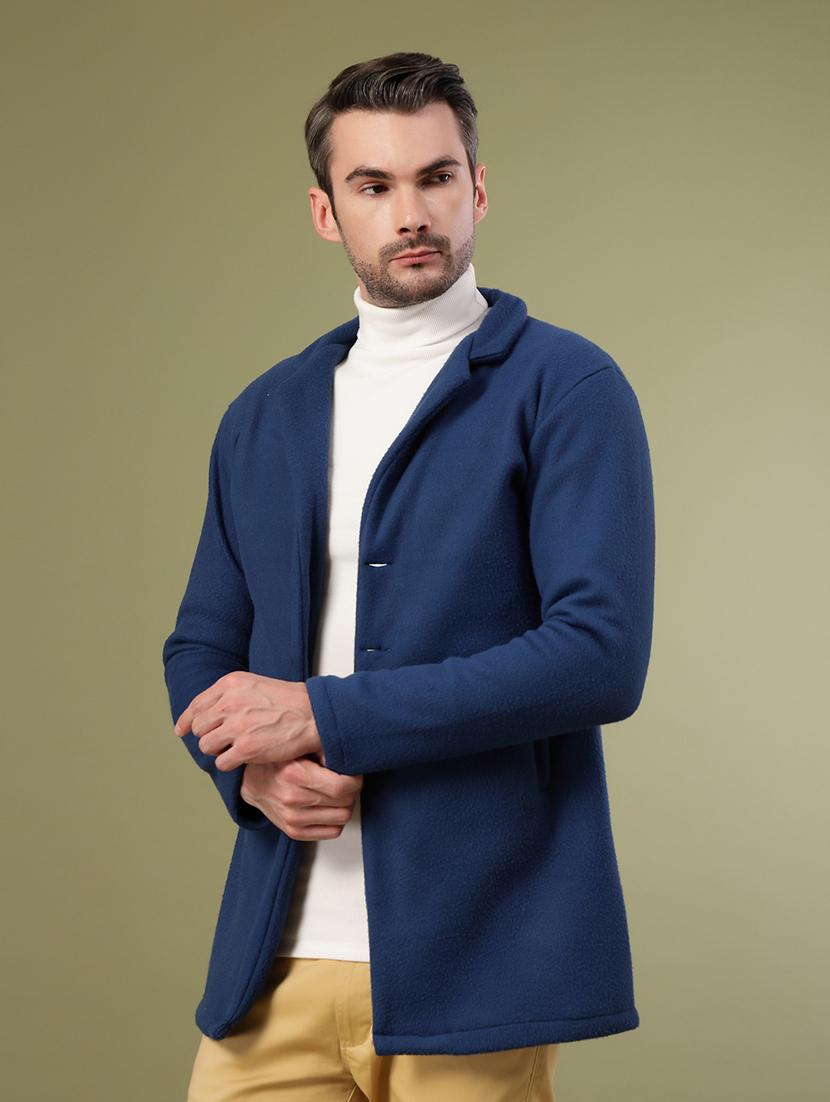 men blue solid long sleeve coat - 21670166 - Standard Image - 1